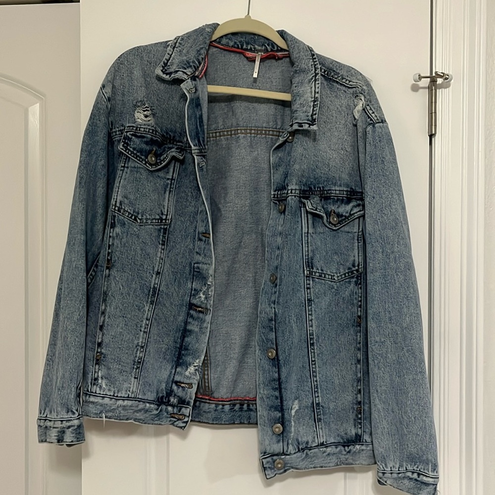 Free people oversized distressed denim jacket